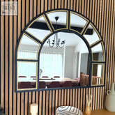 Arched window metal arched mirror with black frame and gold trim featuring multiple reflective panels 95cm x 120cm