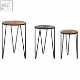 Mirano set of 3 side tables with round wooden tops and black bases featuring modern hairpin legs in natural and black finishes
