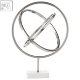 Silver sculpture with intersecting rings on a white marble base called mirano silver finish spiral sculpture