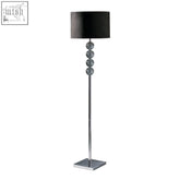Mistro floor lamp with black suede effect shade and slender chrome pole featuring five spherical glass beads