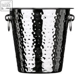 Stainless steel mixology champagne bucket with hammered effect texture and two ring handles for chilling bottles