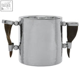 Silver hammered ice bucket with dark brown horn handles and metallic accents from mixology haven ice bucket collection