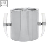 Silver mixology herne ice bucket with ivory acrylic horn handles and metallic accents in sleek cylindrical design