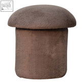 Brown mocha faux fur mushroom footstool with plush suede-like texture and rounded top perfect for cozy seating