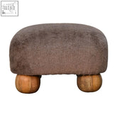 Mocha faux fur nordic footstool with square shape and rounded wooden legs for cozy home seating