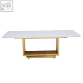 Modern rectangular marble coffee table with glossy ivory white top and gold finished metal frame with open shelf below