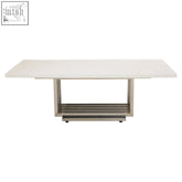 Modern white faux marble coffee table with sleek silver finish frame and lower shelf for stylish living rooms