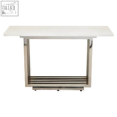 Modern white faux marble console table with sleek silver finish frame and lower shelf for stylish storage