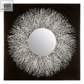 White coral-inspired abstract mirrored wall with circular center and intricate branching details for mirrored wall art