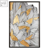 A framed botanical wall art featuring abstract black and white floral line work with gold leaf accents