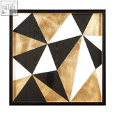 Modello multi geo wall art with bold black white and gold triangular panels in a sleek black frame for modern decor