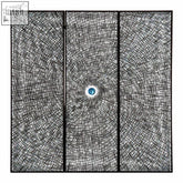Black triptych wood carving featuring concentric circular patterns with a teal center circle wall art design