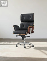 Modern e69 high back office chair in black premium leather with tufted upholstery and walnut wood accents