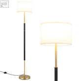 Modern floor lamp with eye-protecting white fabric shade black and gold pole and weighted base with convenient foot switch