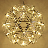 Modern pendant decorative hanging chandelier with shiny chrome sphere, geometric wireframe, and warm led bulbs in high-quality materials