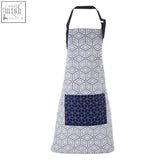 Navy and gray geometric patterned modern retro apron with a dark blue pocket perfect for cooking or crafting