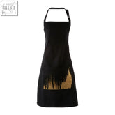 Modern retro black apron featuring a gold paint splatter design on the lower front perfect for cooking or crafting