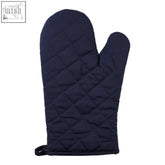 Navy blue quilted oven glove with diamond stitch and black loop part of modern retro white blue kitchen set