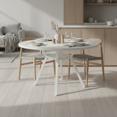Modern White Round Dining Table - Minimalist Pedestal Base with Lower Shelf