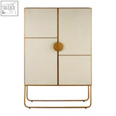 Cream-colored modica oak wood cabinet with brushed gold frame and circular handle gold cabinet with concrete plywood