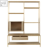 Modern modica oak wood and gold finish shelf unit with brushed gold stainless steel frame and light wood drawers