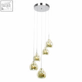 Chrome finished pendant light with five smoked glass amber globe shades in the moire smoked glass and chrome style