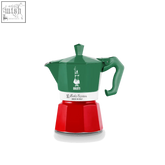 Green and red bialetti moka express italia exclusive espresso maker with white band and brand logo for perfect coffee