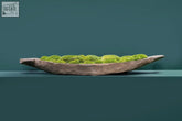 Rustic brown wooden mokoro canoe bowl filled with vibrant preserved moss for unique table display fr56