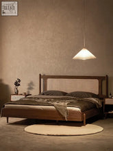 Minimalist mokuzai bed with woven cane headboard dark brown finish premium wood and solid construction