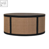 Monaco round rattan centerpiece bench with dark wood top black frame and three natural woven rattan panels