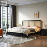 Black-framed monica queen size bed with woven cane headboard and beige bedding storage bed in king size and super king size options