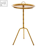Gold finished metal monroe small accent table with circular tray top and tripod base small accent table