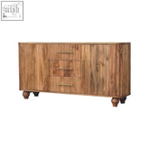 Rustic montara sideboard chest of drawers in solid mango wood with brass handles and rounded bun feet in golden teak tone