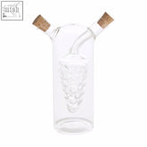 Clear glass montela oil and vinegar glass bottle with two cork spouts and grape cluster etching on side