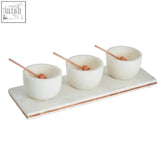 Set of three white ceramic marble dip bowls with copper inlay rose gold spoons on matching rectangular tray monzaro