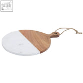 Monzaro small marble and acacia wood paddle board with round two-toned acacia wood and white marble surface and twine handle