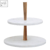 White marble two-tier cake stand with light acacia wood dowels stylish wood cake stand for serving desserts