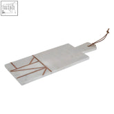 Monzaro white marble paddle board with copper inlay geometric pattern and leather tie for serving and display