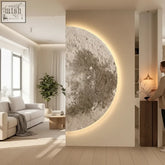 Moon wall painting lamp with gray metallic finish and subtle edge lighting for creative minimalist living room wall decor