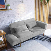Gray fabric morales foldable sofa bed with wooden legs and matching throw pillows ideal kid sofa bed