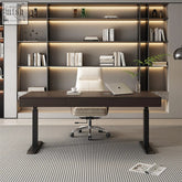 Modern dark wood moreno electric standing office desk with sleek black metal legs and integrated drawers for storage
