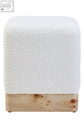 Cream boucle square stool with white textured fabric and natural burl wood base for stylish seating