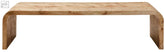 Light-colored wooden bench with smooth natural finish and curved legs matching mota burl wood design curved coffee table