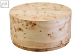 Mota burl wood design round coffee table in light color with natural grain and knots perfect for living room use