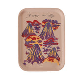 Beige wooden rectangular tray called mount lucio featuring a vibrant purple red and yellow stylized mountain design