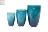 Set of three dutz collection mouth blown glass vases in gradient teal and navy blue with glossy finish