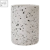 White speckled cylindrical mozie speckled effect tumbler with black dot accents and grey finish