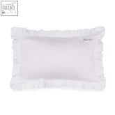 White cotton sateen pillowcase with delicate ruffled edges and mars embroidered in black cursive script