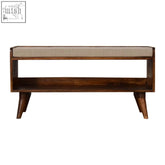 Mid-century modern mud linen nordic storage bench with beige linen seat chestnut wood and open shelf below