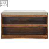 Wooden mud linen pull shoe bench with light beige cushion and three open shelves for storage